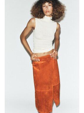 ZARA 100% SUEDE LEATHER WRAP MIDI SKIRT